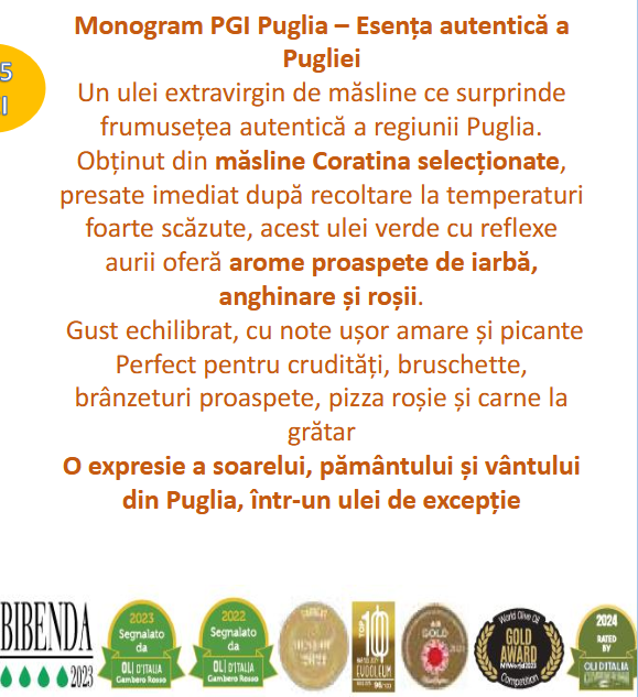 Ulei de măsline extravirgin Olio di Puglia Guglielmi premiat IGP 500 ml
